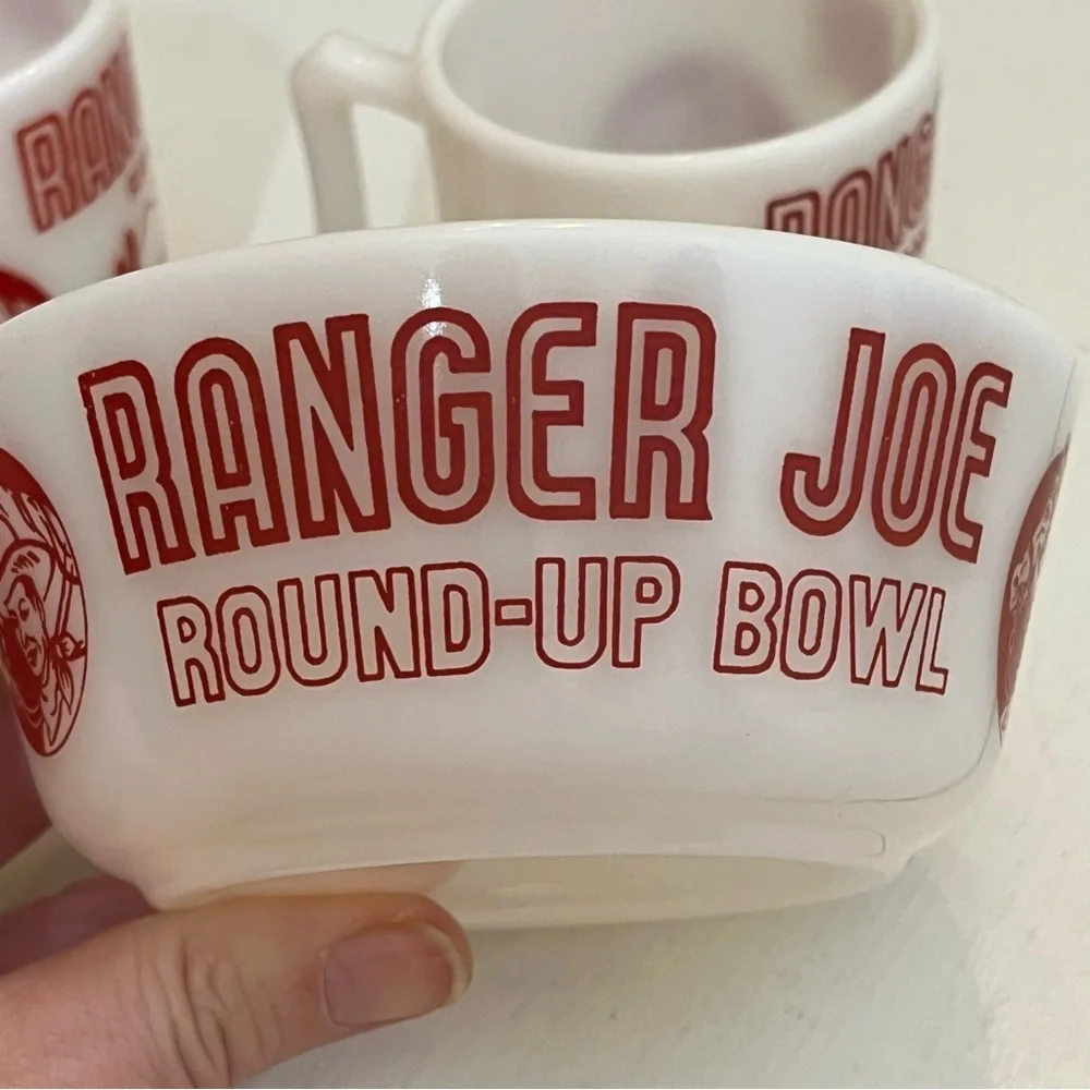 Vintage Ranger Joe Round Up Bowl and Mug Set Hazel Atlas Milk Glass 1950's Rare